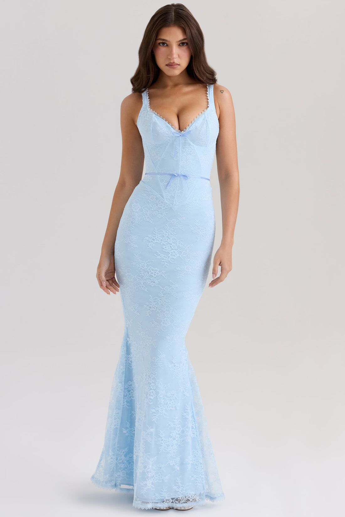 Light blue floral lace deep v-neck maxi dress with mermaid hem for women, front view
