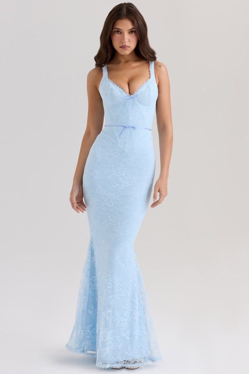 Light blue floral lace deep v-neck maxi dress with mermaid hem for women, front view