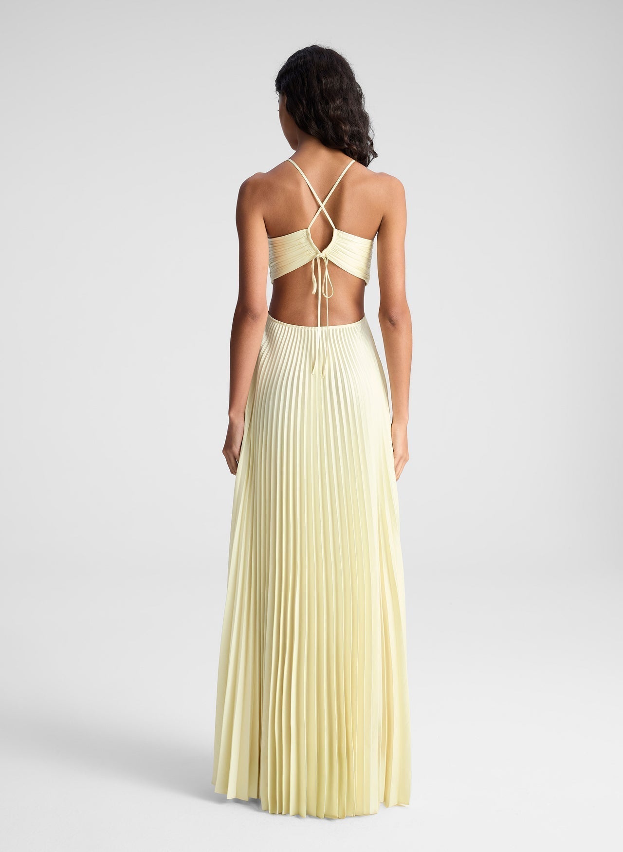 Back view of light yellow pleated maxi dress with criss-cross straps and open back detail.