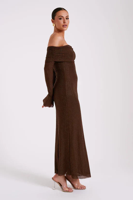 Brown glitter mesh maxi dress with off-the-shoulder neckline and long sleeves for women