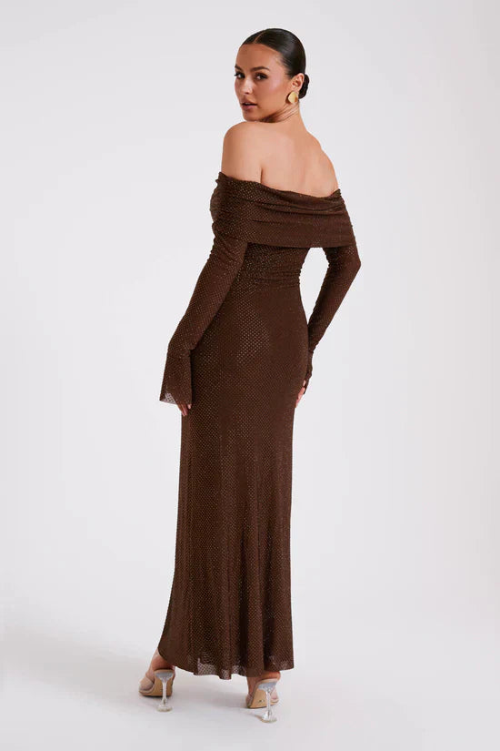 Back view of brown glitter off-the-shoulder maxi dress on a woman, showcasing the elegant fit