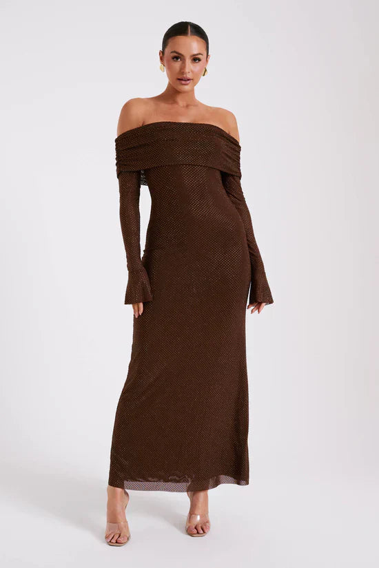 Brown glitter mesh maxi dress with off-the-shoulder neckline and long sleeves for women