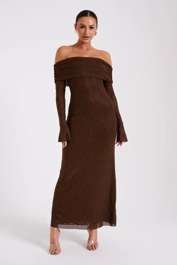 Brown glitter mesh maxi dress with off-the-shoulder neckline and long sleeves for women