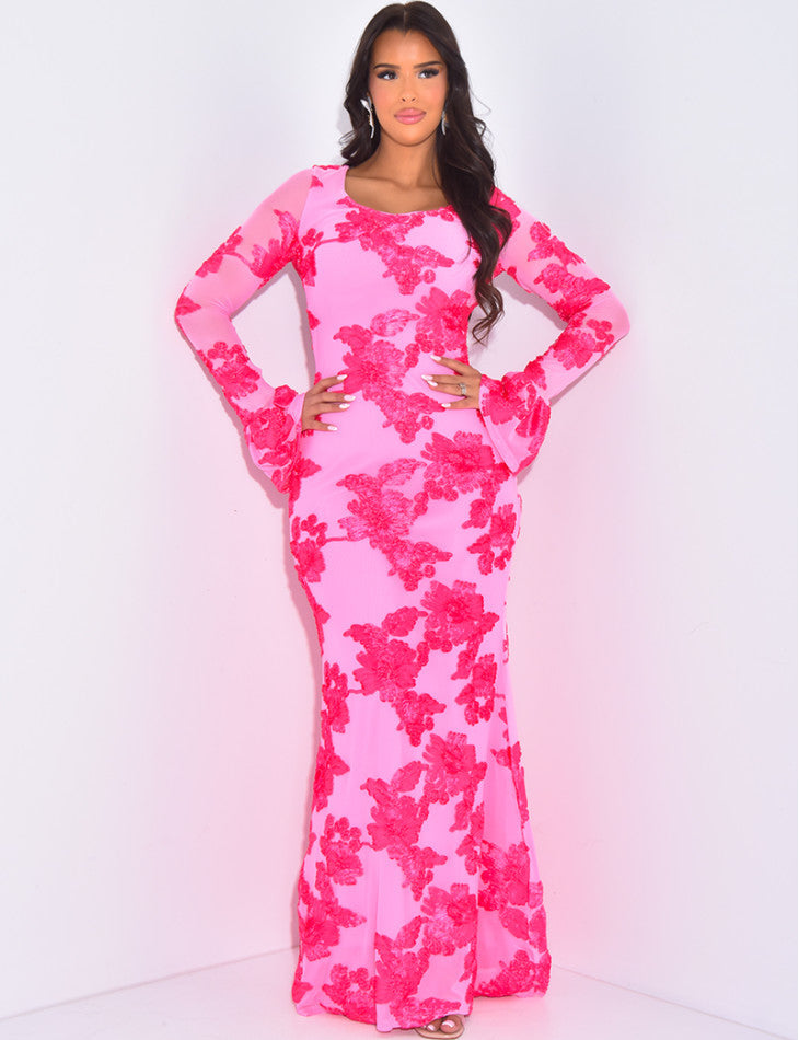 Bright pink Norah embroidered maxi dress with long sheer sleeves and flared cuffs, showcasing vivid floral sequins and a square neckline.