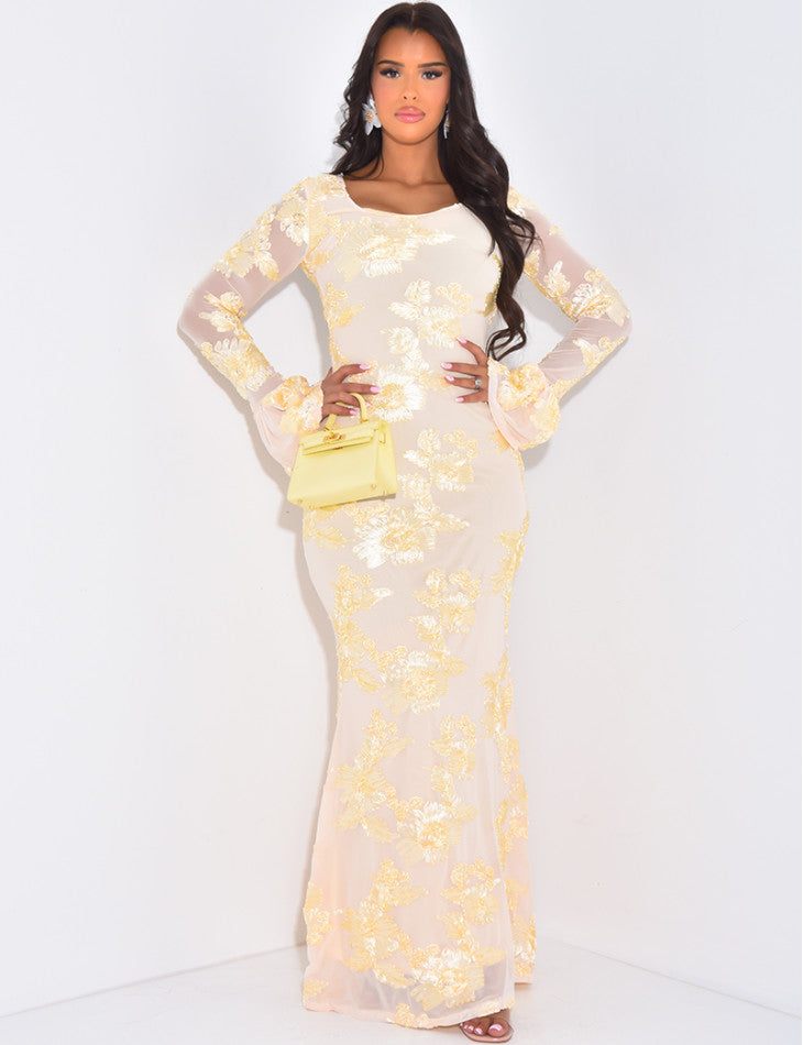 Cream Norah embroidered maxi dress with long sheer sleeves and flared cuffs, detailed with delicate gold floral sequins and a square neckline.