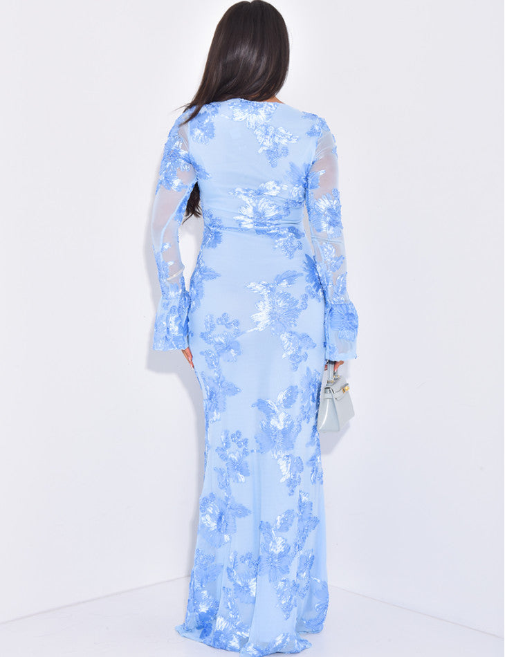 Back view of the light blue Norah embroidered maxi dress, showing the floral sequin detail and sheer long sleeves.