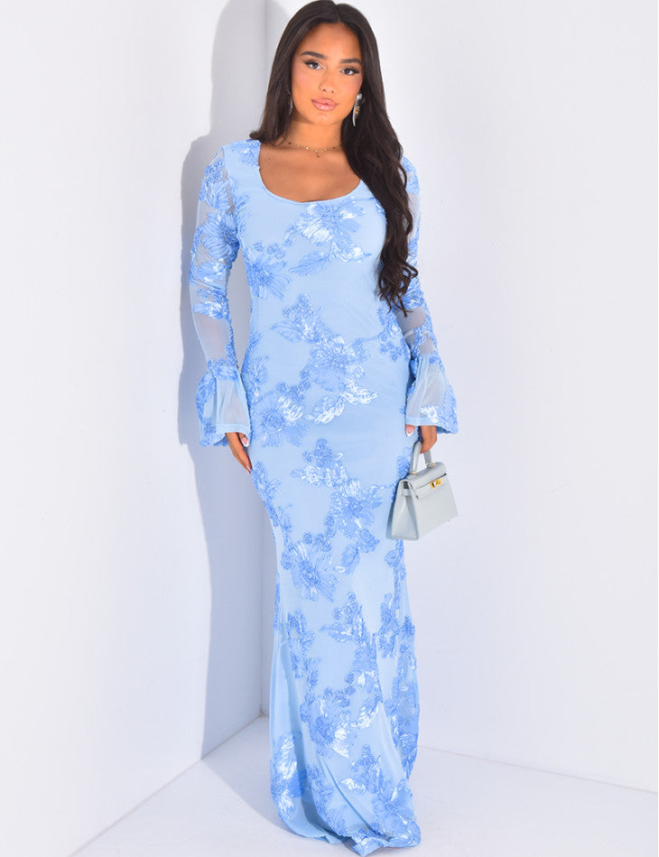 Light blue Norah embroidered maxi dress with long sheer sleeves and flared cuffs, featuring floral sequins and a square neckline.