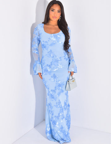Light blue Norah embroidered maxi dress with long sheer sleeves and flared cuffs, featuring floral sequins and a square neckline.