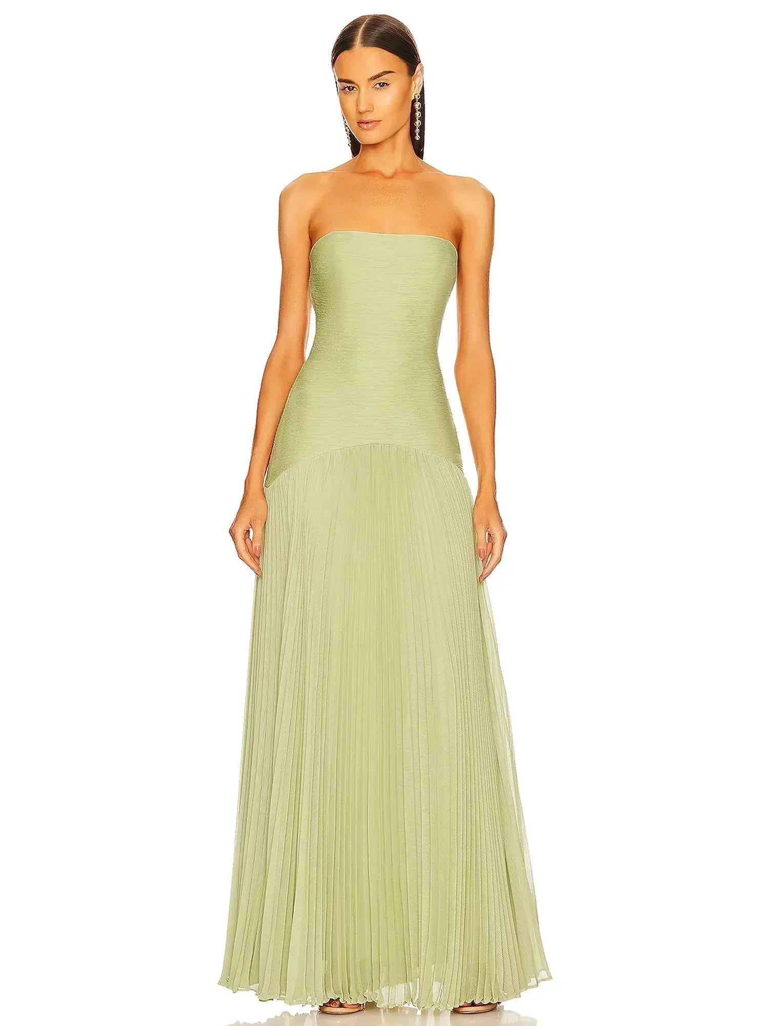 Front view of a women's light green strapless pleated maxi dress with elegant pleats.