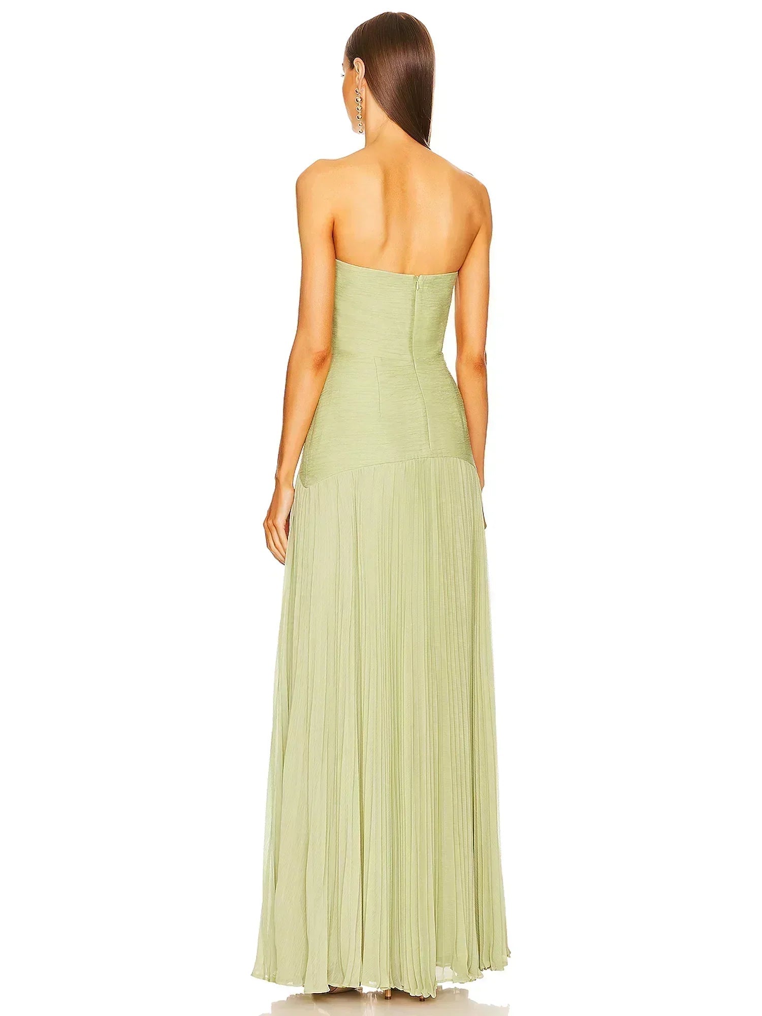 Rear view of a light green strapless pleated maxi dress for women, showing the fitted back.