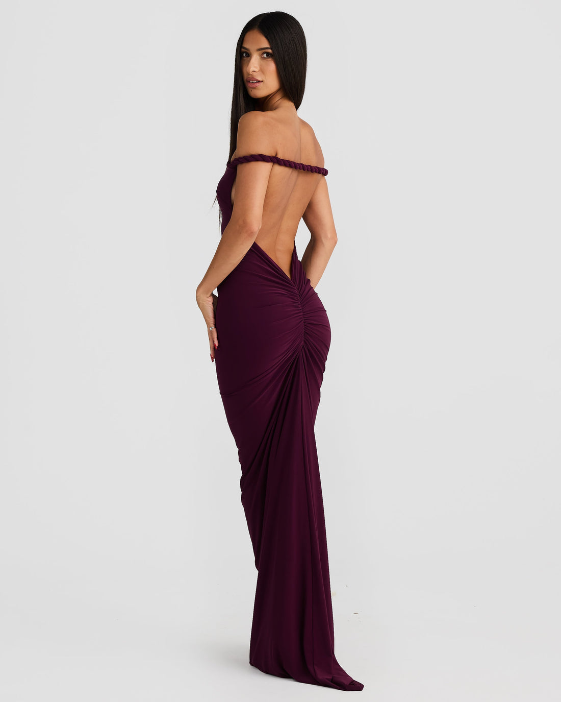 Lime green Paulina backless maxi dress with off-the-shoulder braided straps and ruched detailing on the back.