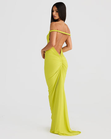 Lime green Paulina backless maxi dress with off-the-shoulder braided straps and ruched detailing on the back.