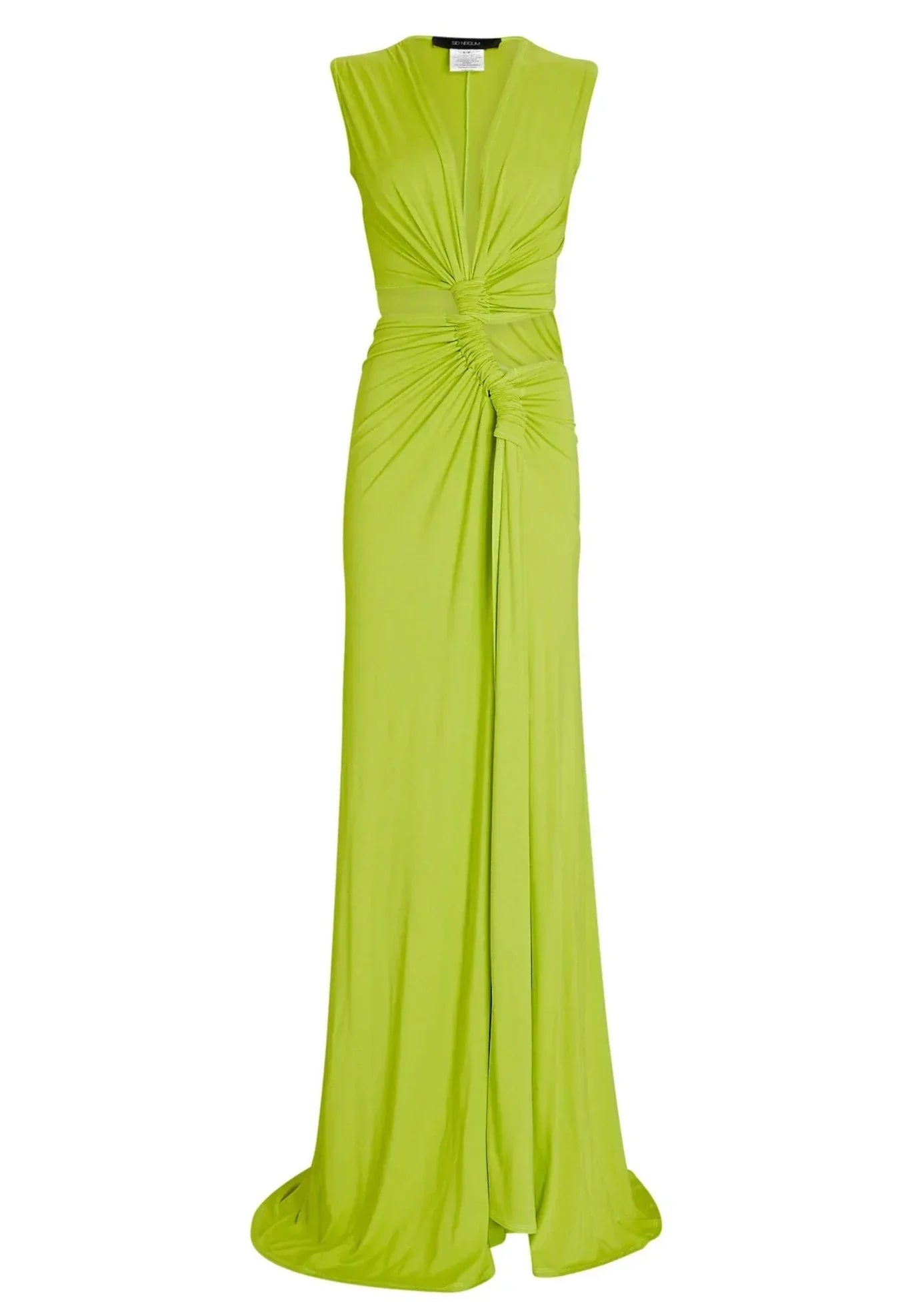Front view of a neon lime green Robyn cutout maxi dress, featuring a V-neck and ruched knot detailing.