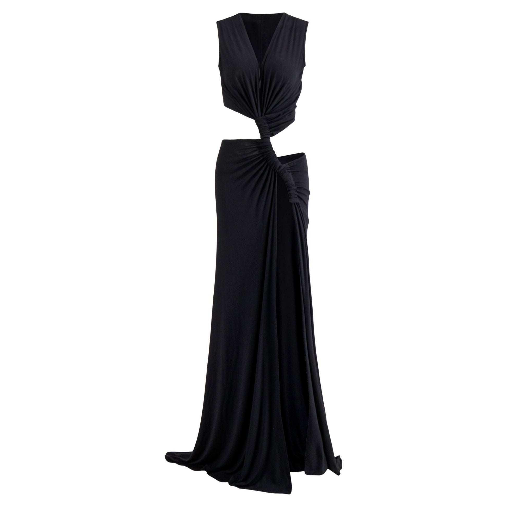 Black Robyn cutout maxi dress with a sleeveless design, V-neck, and cinched waist detailing on a white background.