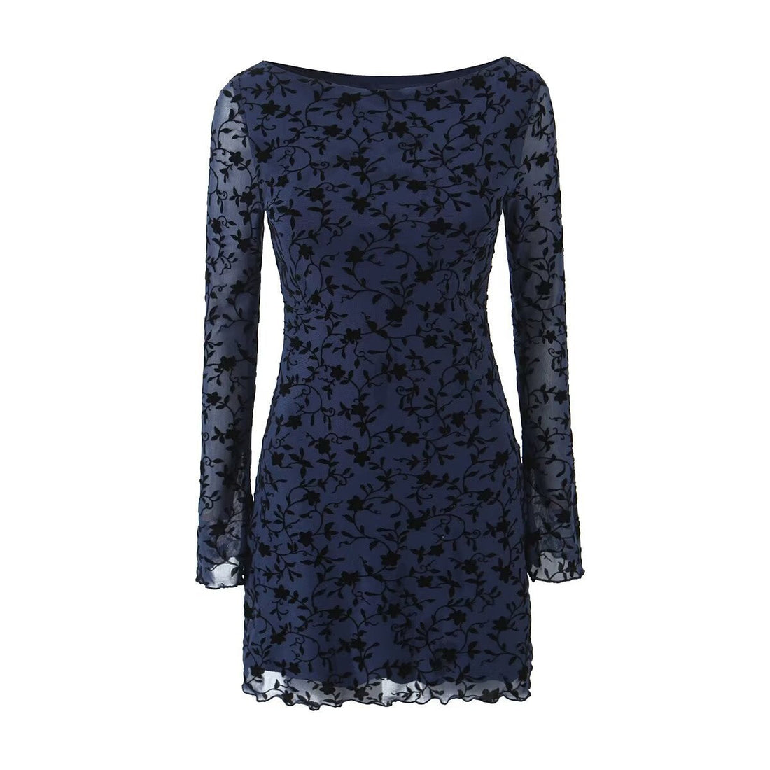 Front view of a dark red Rosalie Scalloped Mini Dress with long sleeves and subtle floral pattern, worn by a model.