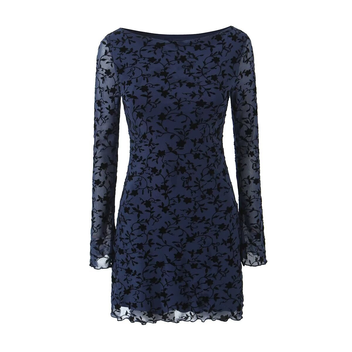Flat lay of a navy blue Rosalie Scalloped Mini Dress with long sleeves and black velvet floral design, showcasing the scalloped hem.