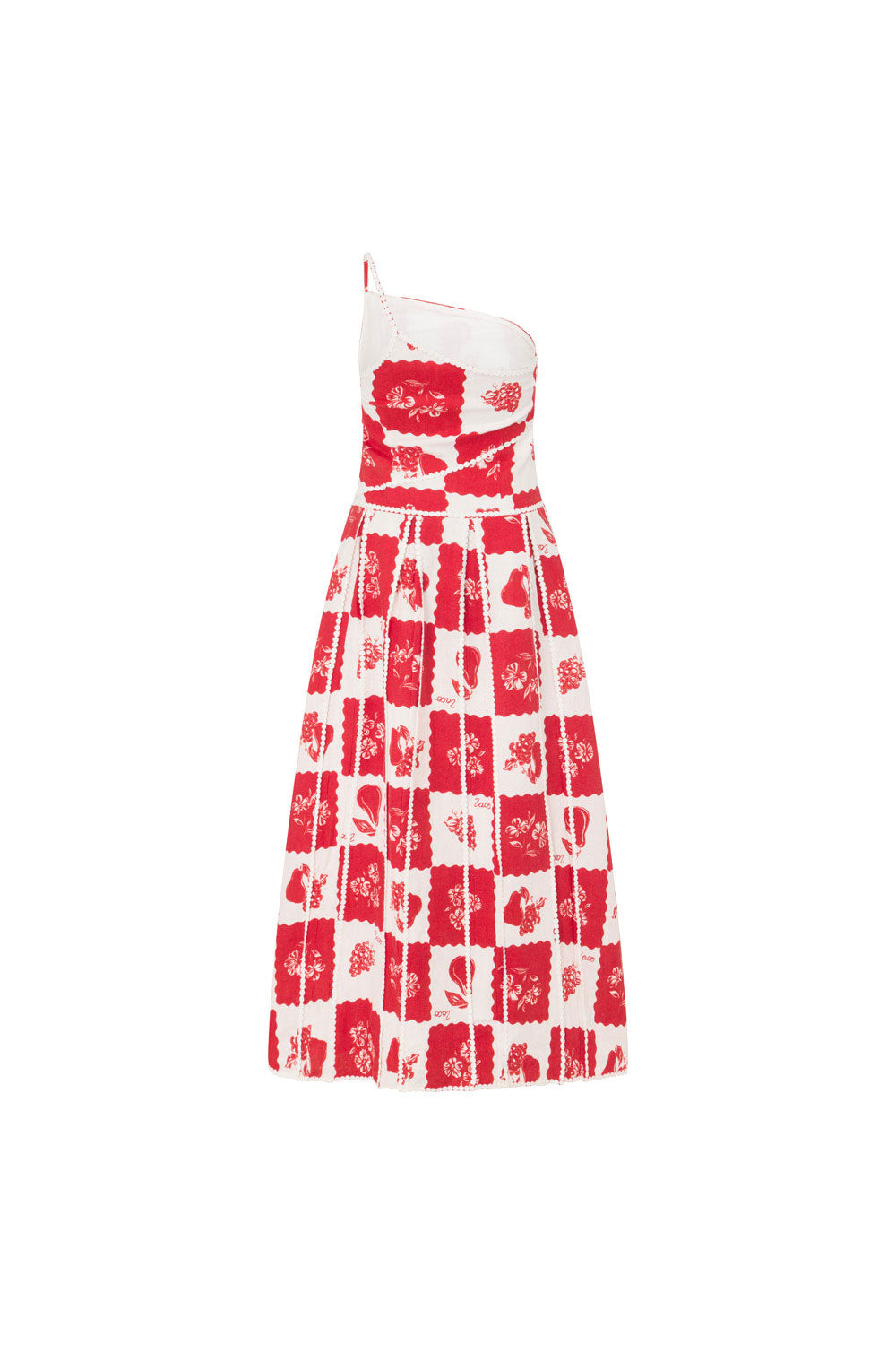 Savannah one-shoulder maxi dress, red and white checkered print with scalloped trim, angled view on white background.