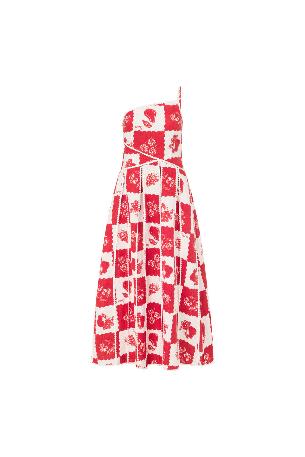 Savannah one-shoulder maxi dress, red and white checkered print with scalloped trim, front view on white background.