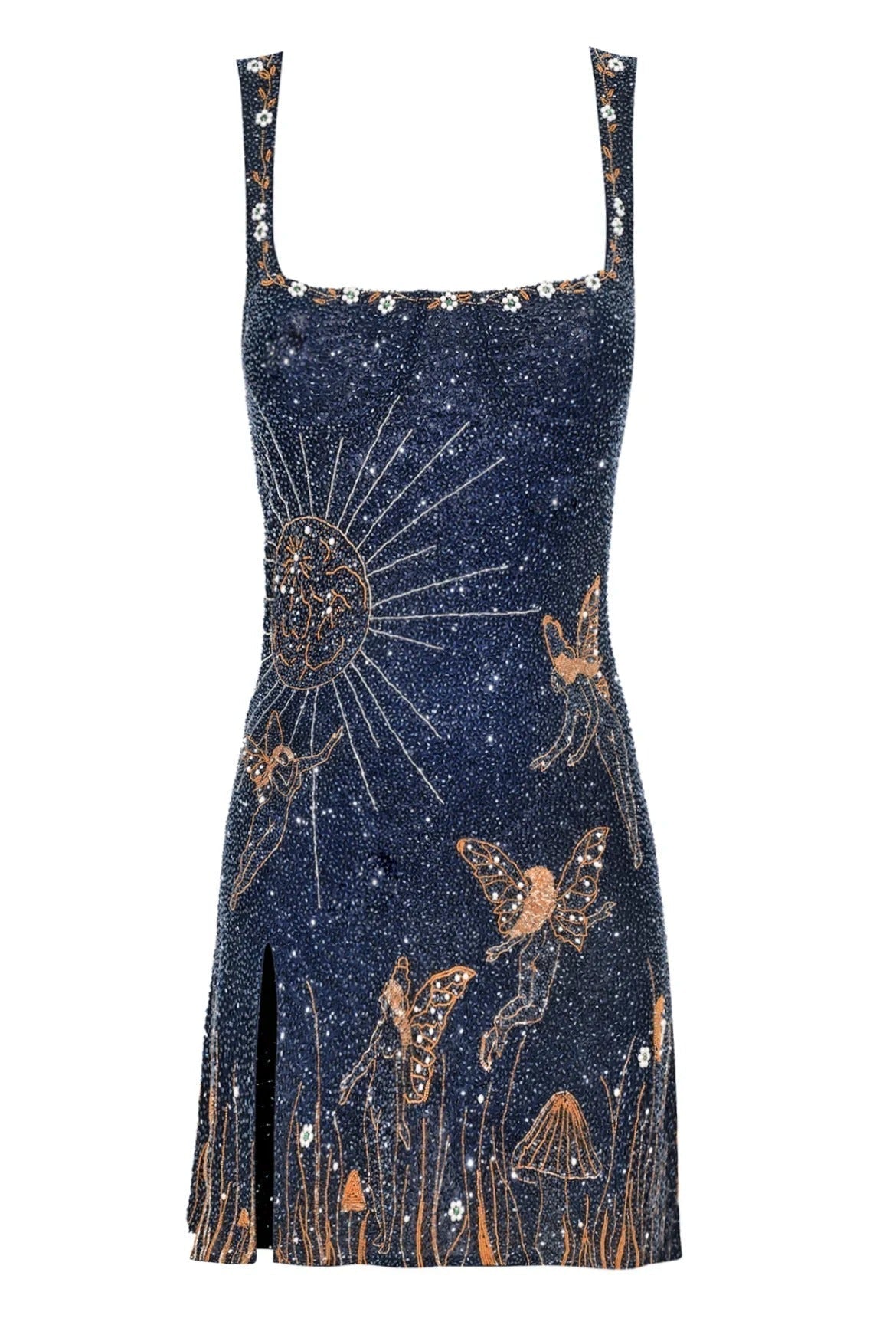 Close-up of navy blue embellished mini dress, showcasing intricate gold beaded sun, butterflies, and mushroom motifs with a side slit.