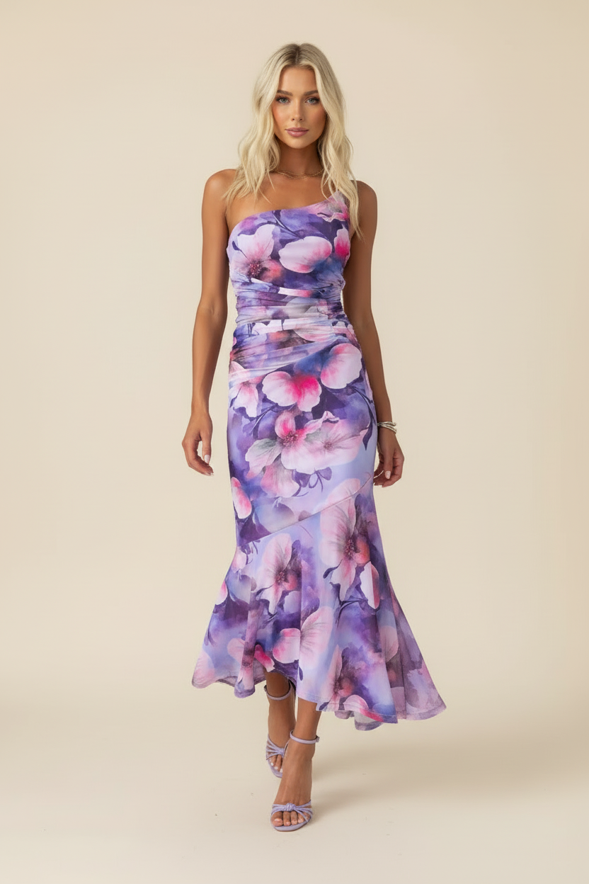 Purple floral one-shoulder ruched maxi dress with high-low hem and lavender heels, full front view.
