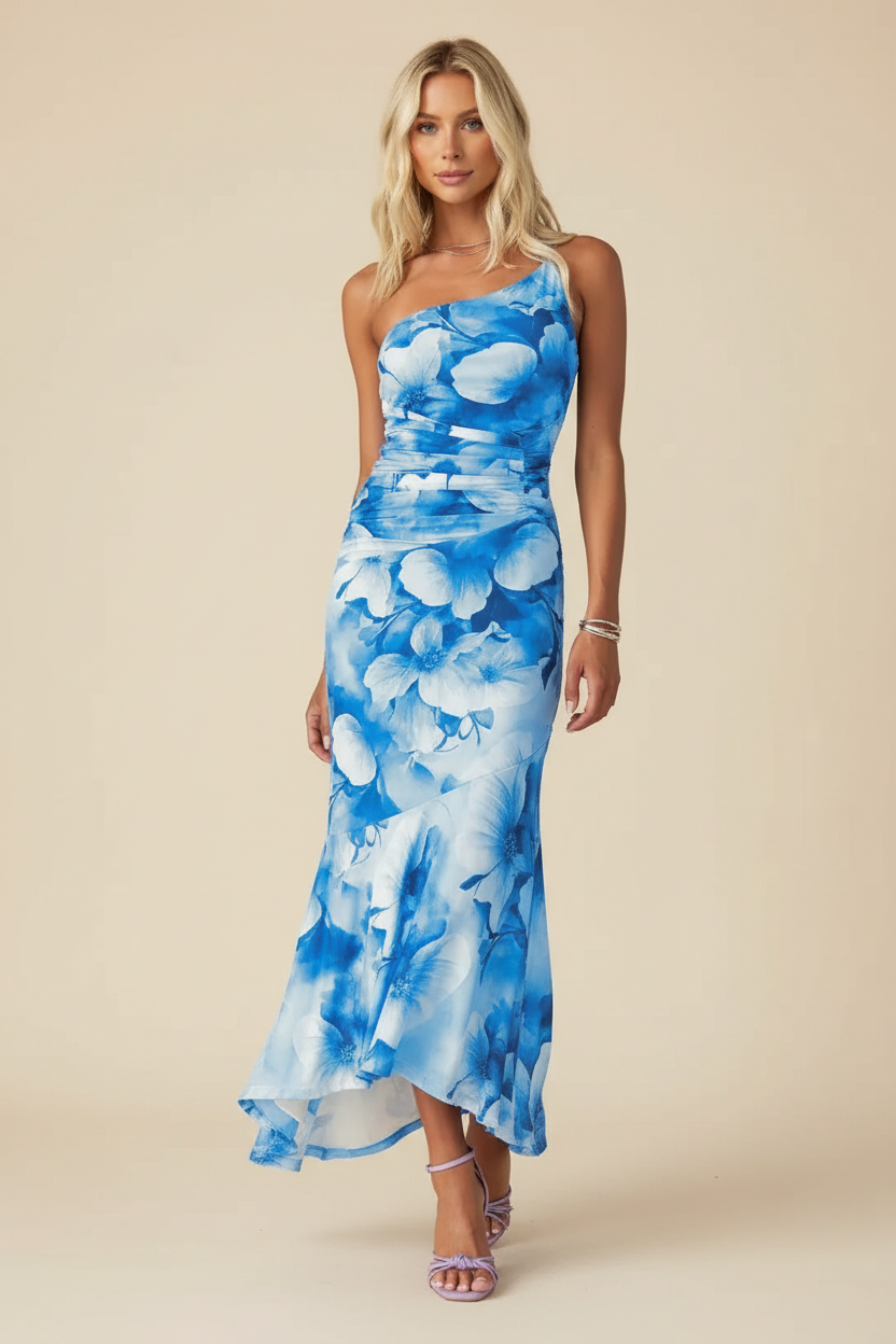 Light blue floral one-shoulder ruched maxi dress with a subtle high-low hem, front view.