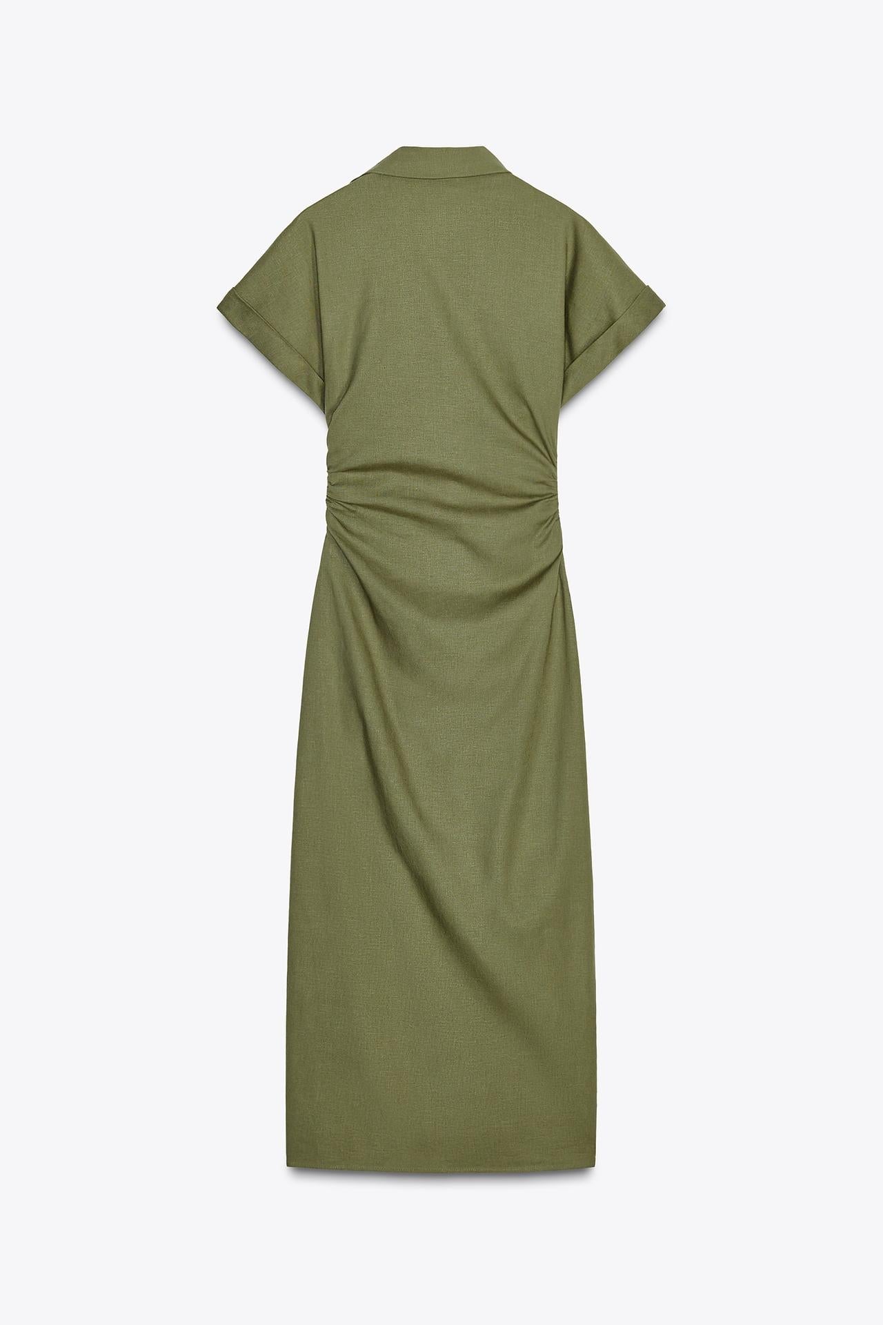Back view of the olive green Sofia Button Midi Dress, showcasing the ruched detailing on the sides and the short cuffed sleeves.