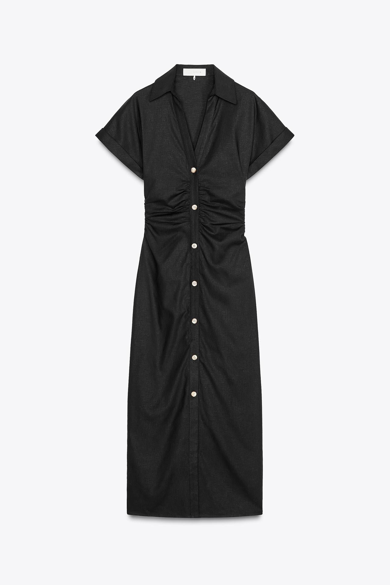 Front view of the black Sofia Button Midi Dress, featuring a collared V-neckline, short cuffed sleeves, and a full button-down front with ruched waist details.