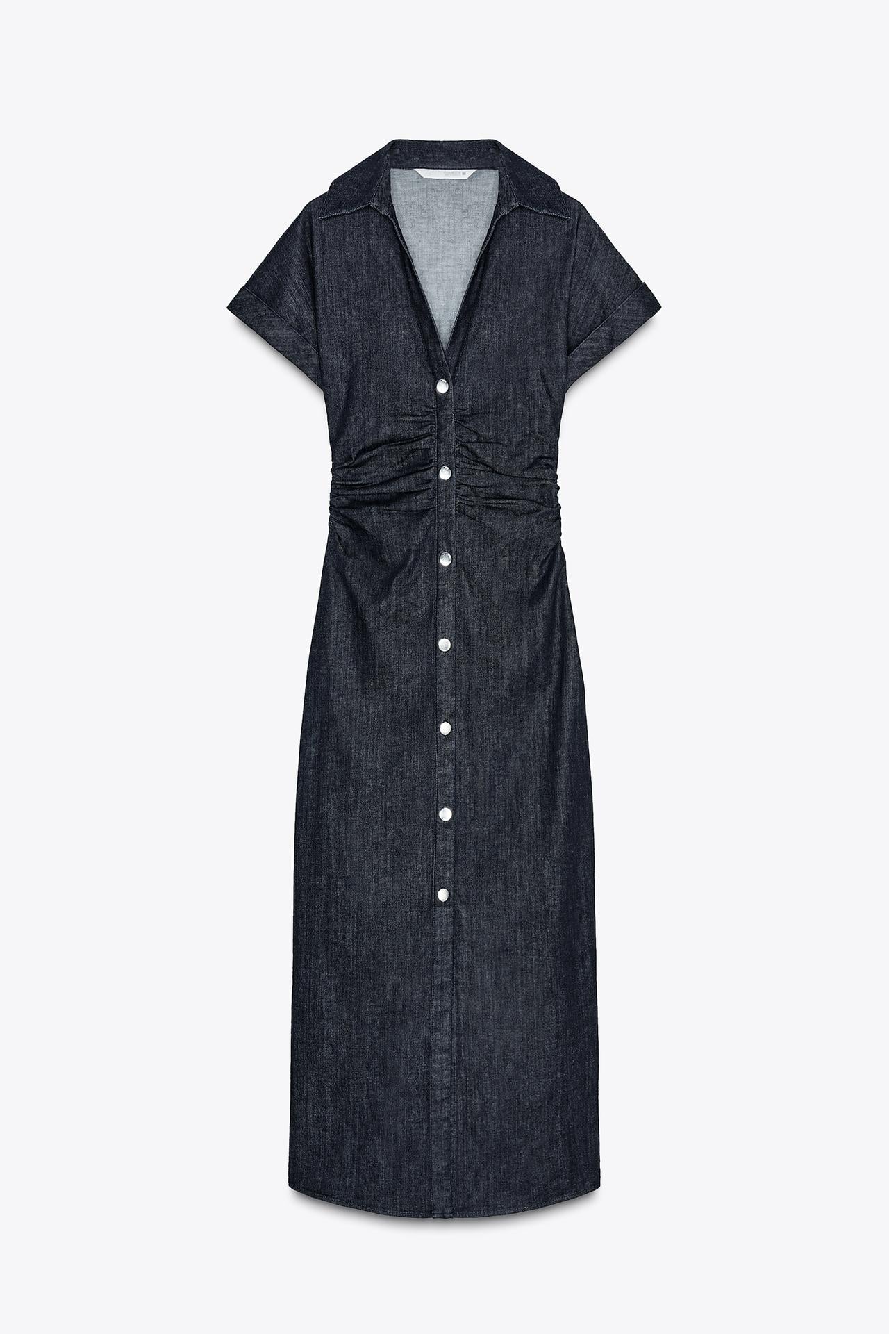 Studio shot of the dark wash denim Sofia button midi dress, showcasing the full-button front, collar, and ruched waist.