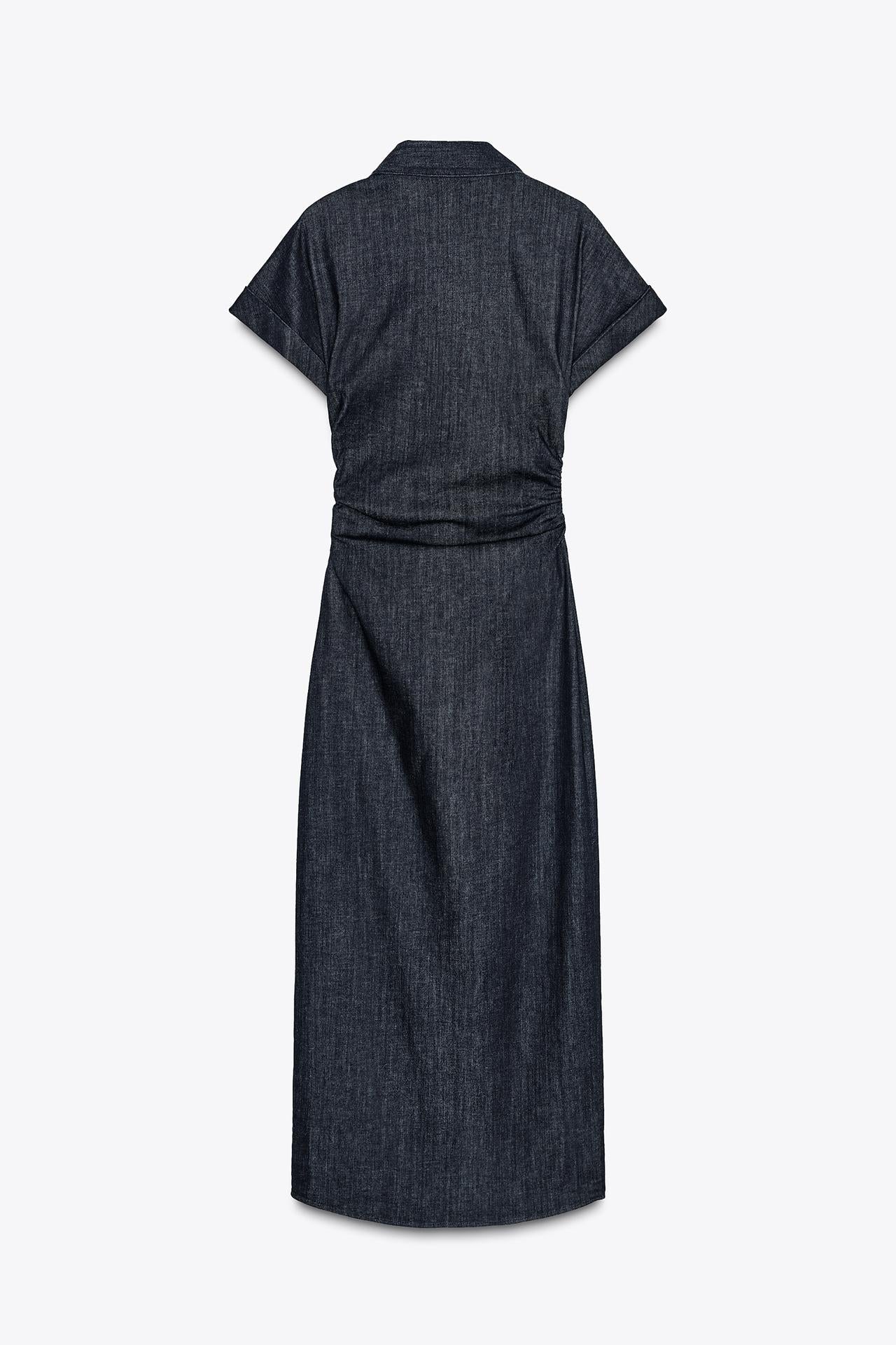 Back studio view of the dark wash denim Sofia button midi dress, displaying the short sleeves and simple, unadorned back.