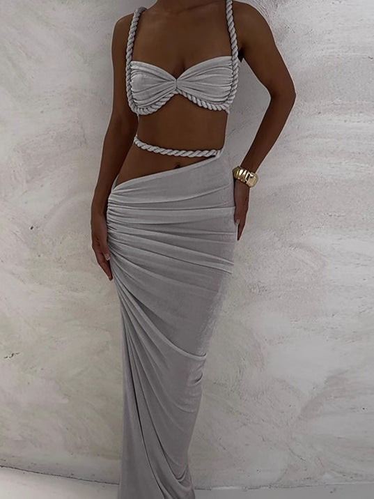 Full body shot of a light grey Sophie Braided Maxi Set, showcasing the braided rope details on the top and waist of the ruched maxi skirt.
