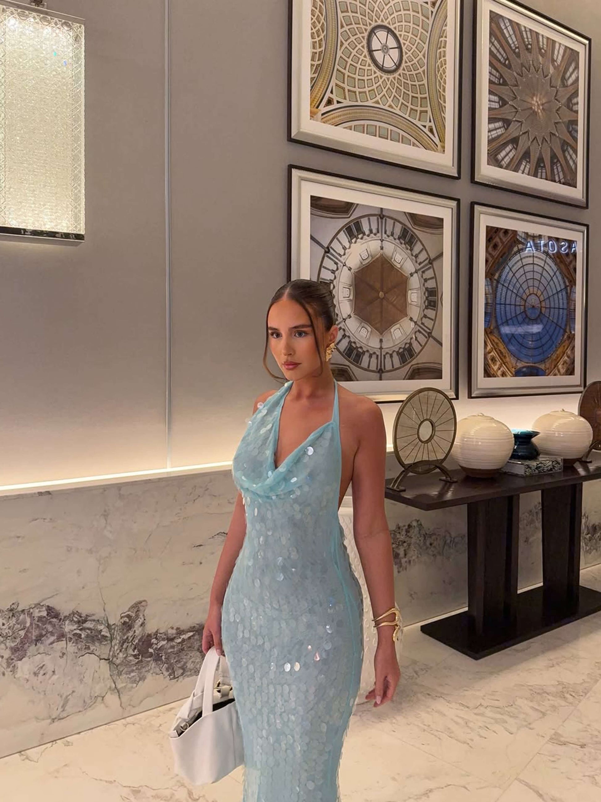 Taylor sequin halter maxi dress in a delicate light blue, featuring a flattering fit and all-over sequin embellishments.