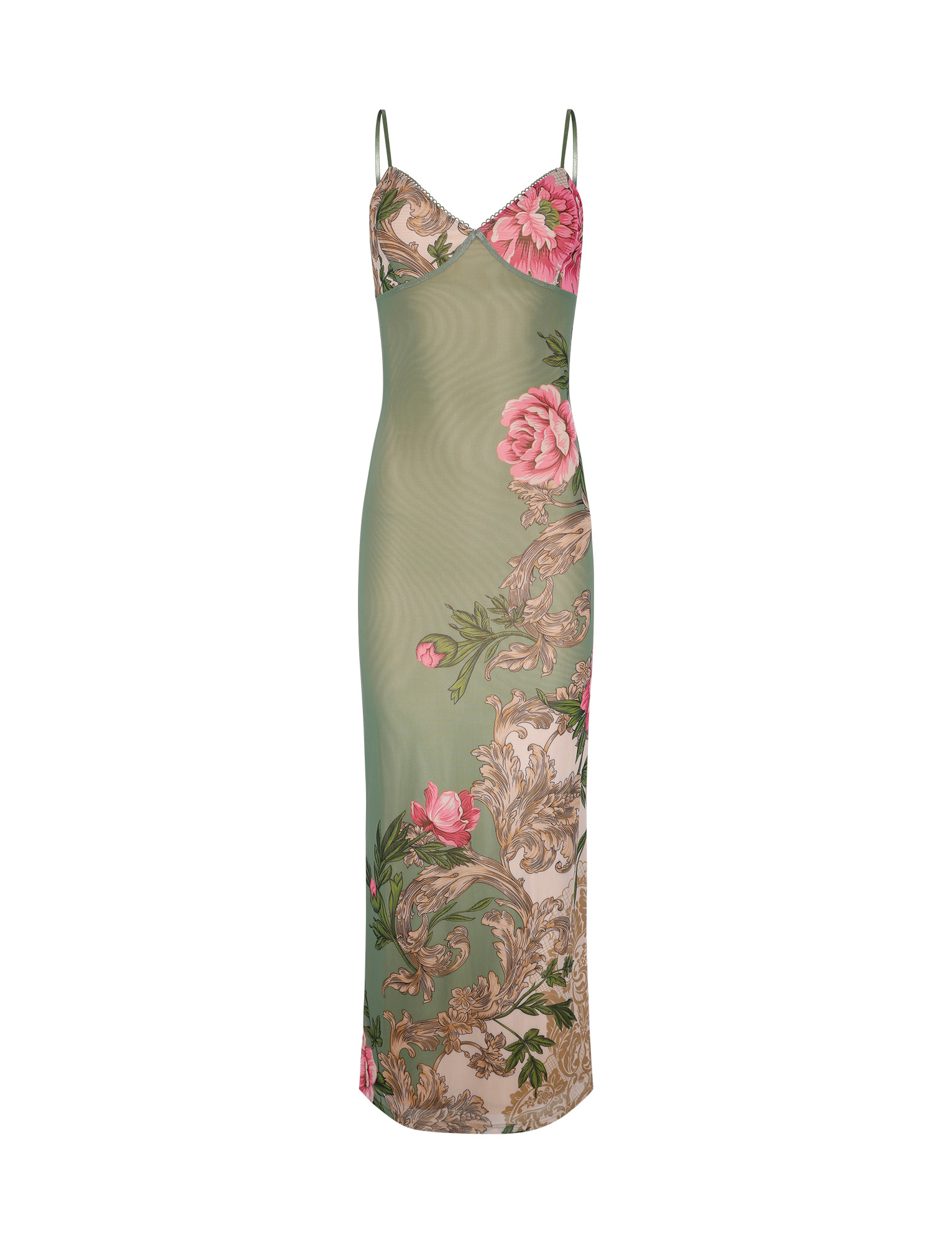 Flat lay front view of the Thea Floral Maxi Dress, a sage green slip dress with pink floral and baroque print details.