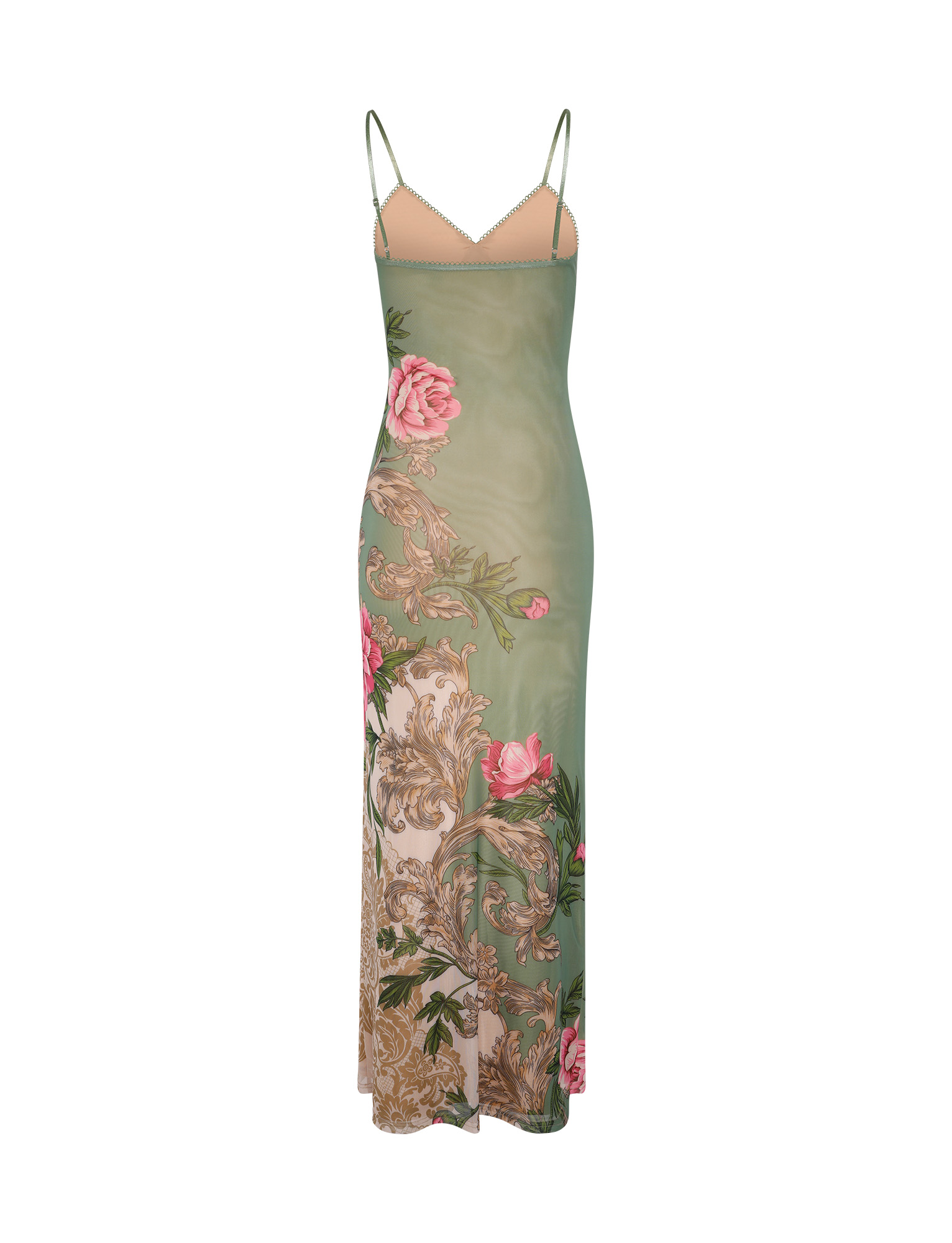 Flat lay back view of the Thea Floral Maxi Dress, showing the thin straps and the floral pattern on the sheer green fabric.