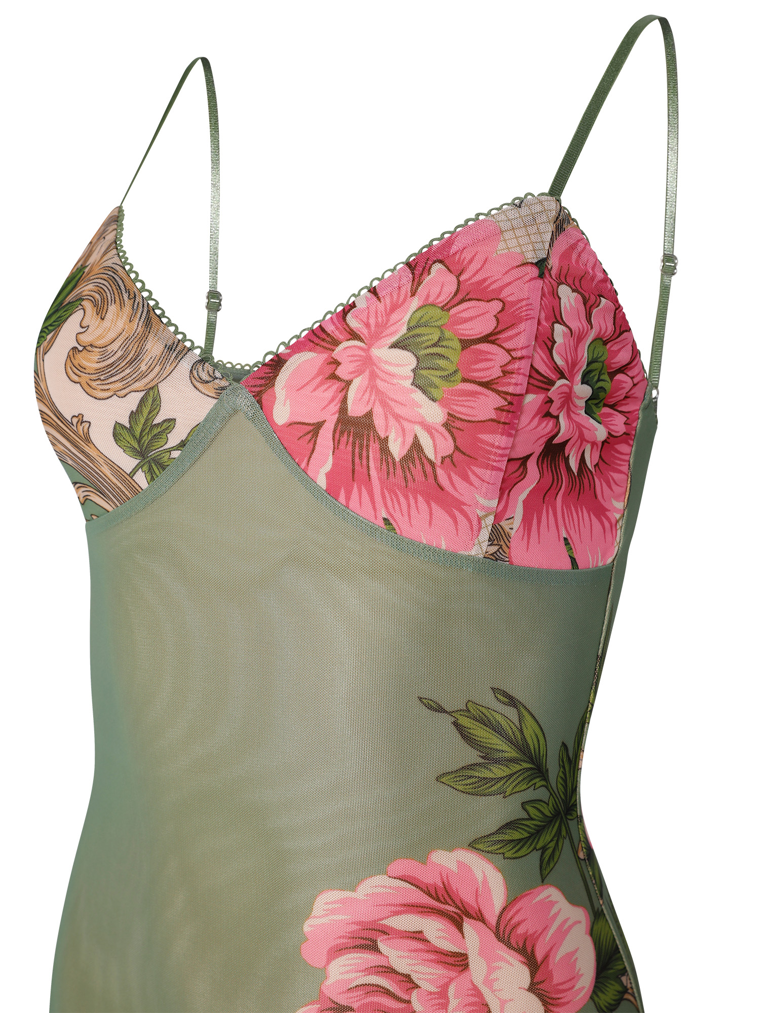 Detailed close-up of the bust and upper bodice of the Thea Floral Maxi Dress, featuring pink floral print and scalloped trim.