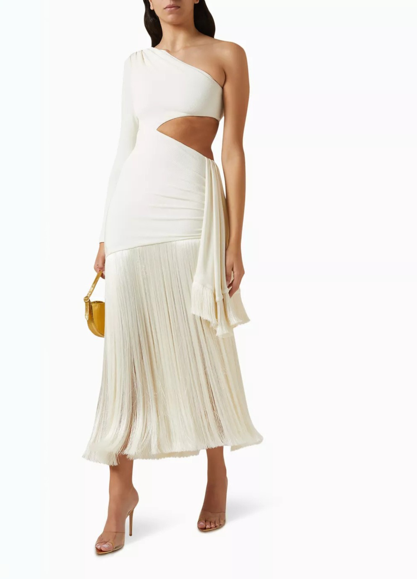 White one-shoulder maxi dress featuring a single long sleeve, side cutout, and a pleated fringe skirt.