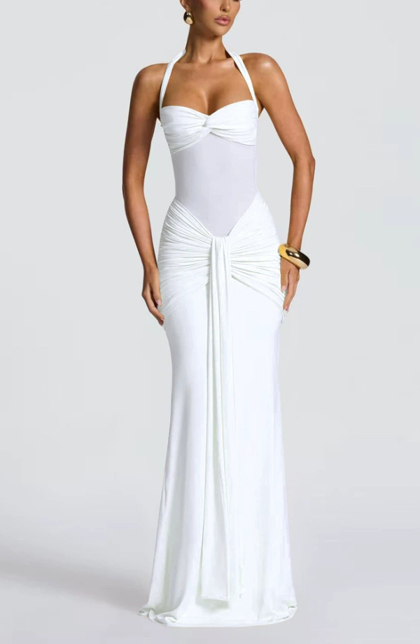 White Victoria ruched maxi dress, elegant and form-fitting with a halter neckline and gathered waist, ideal for wedding suits for women.