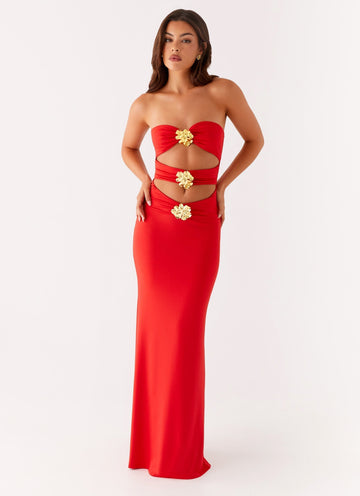 Red strapless Vienna Cutout Maxi Dress with gold floral embellishments on the bodice and waist cutouts, front view.