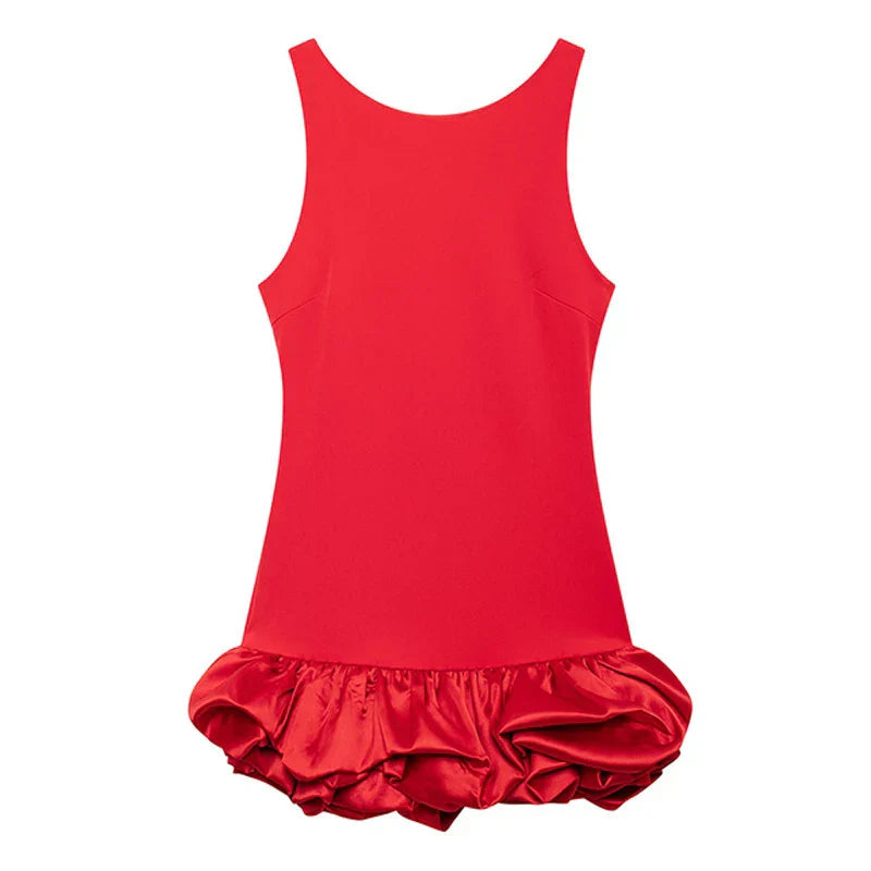 Front view of a white Vienna Rosette Mini Dress with a sleeveless design and ruffled hem.