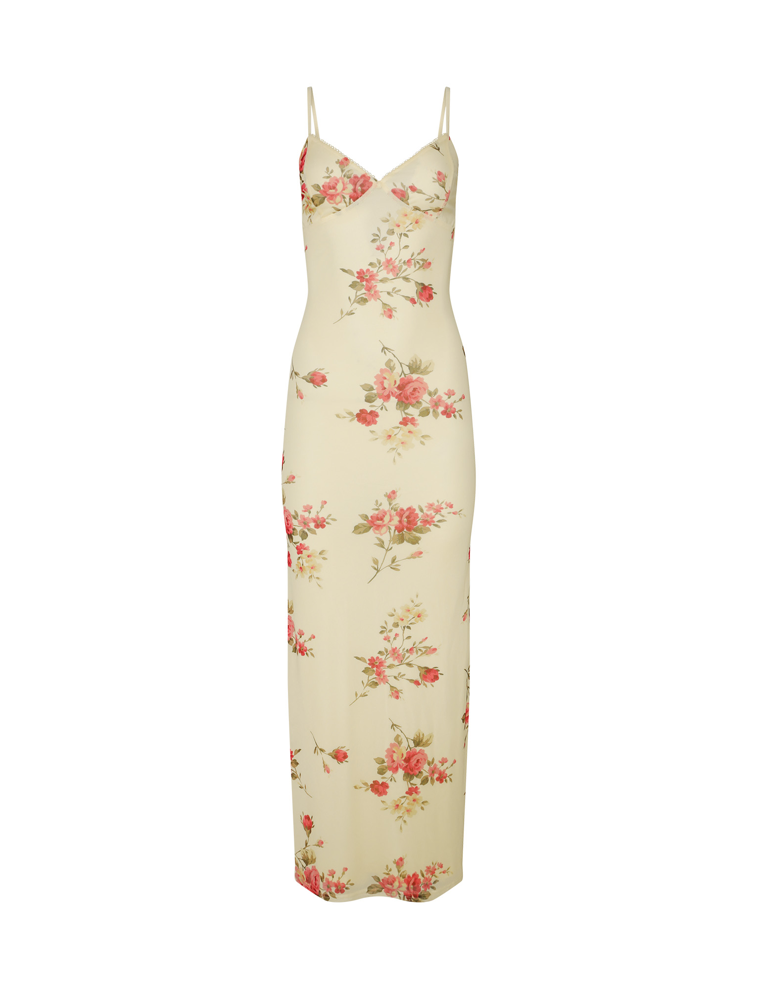Front view of the Willow Floral Maxi Dress on a white background, showcasing the full length and cream fabric with pink and red roses.
