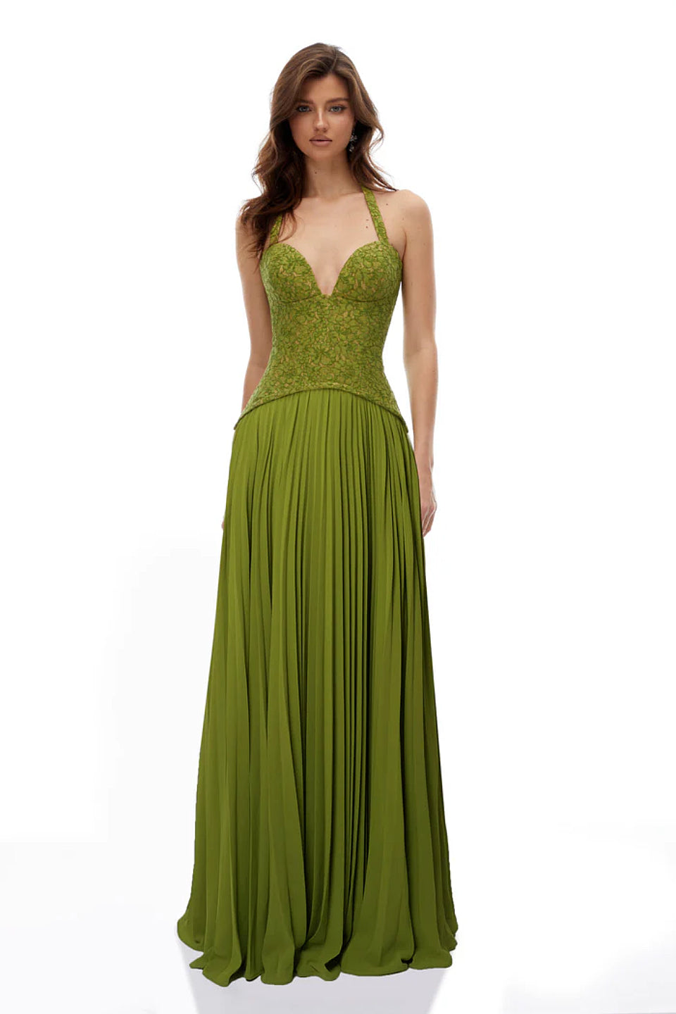 Green Lace Corset Pleated Gown