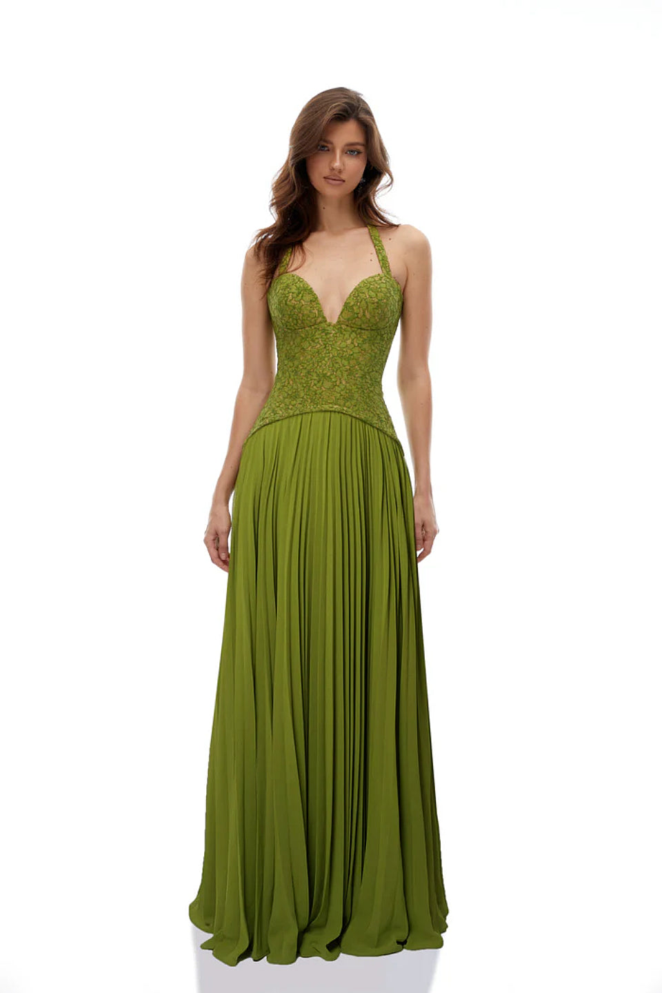 Green Lace Corset Pleated Gown