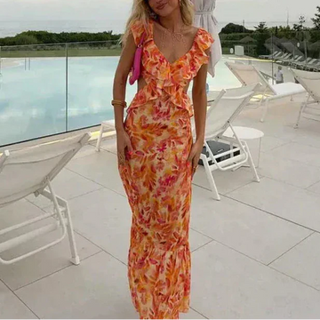 Women's Holiday Floral Ruffle Open Back Maxi Dress